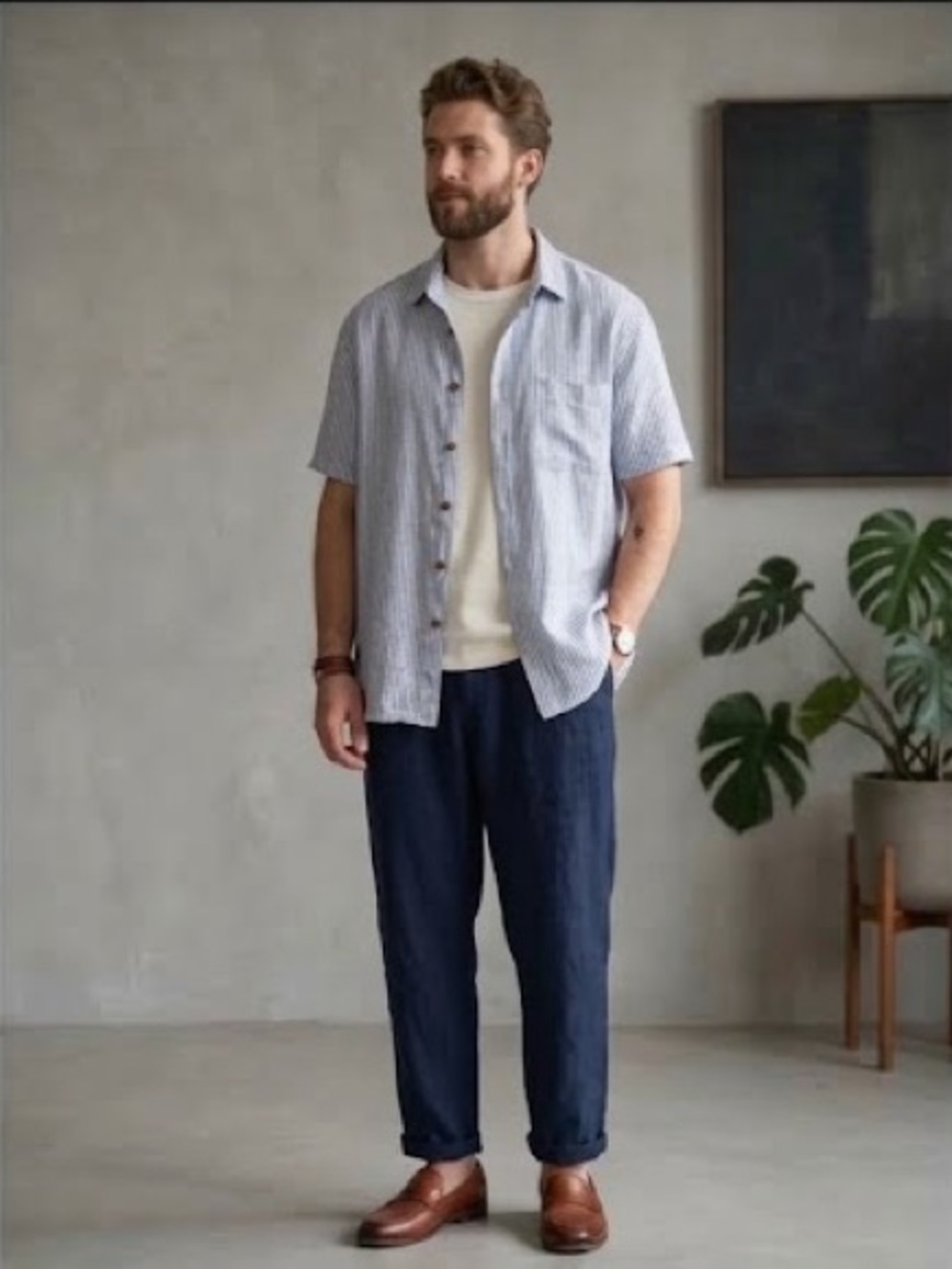 Flax by Jeanne Engelhart Mens Relaxed Linen Button Up Shirt Small Blue *see desc